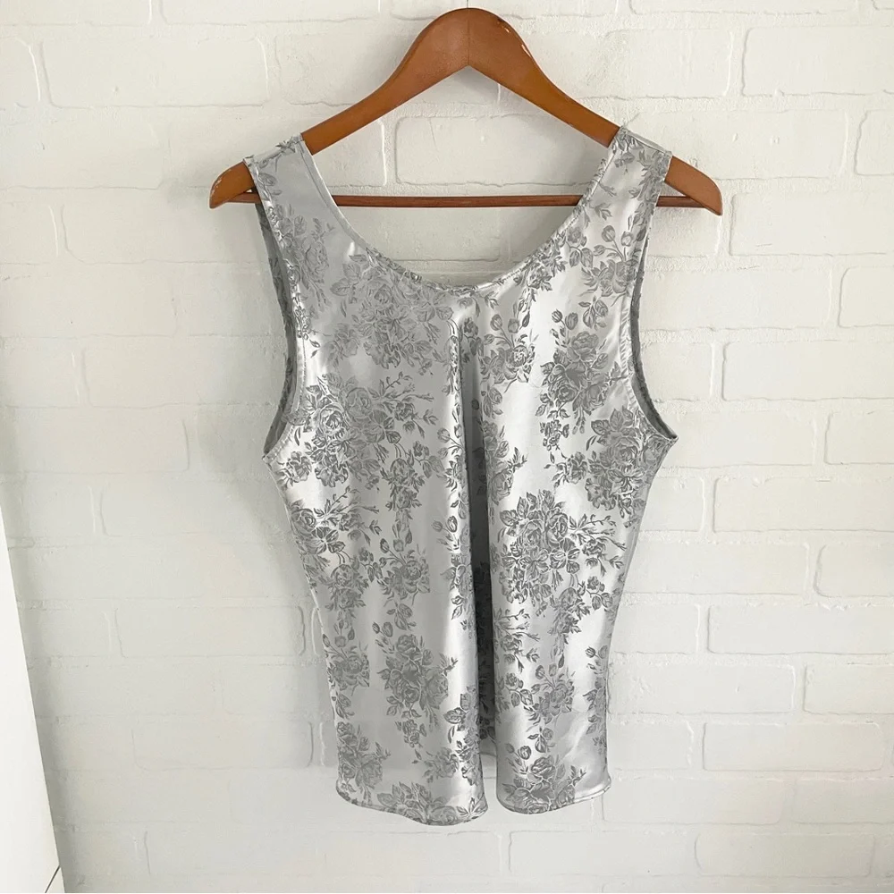Vintage Silver Satin Baroque Roses Cami Iridescent Floral Tank Top sz XL/XXL - Picture 13 of 14